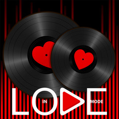 Two Realistic Black Vinyl Records with red heart labels, lettering In love mode and play button on sound wave equalizer background. Retro concept of music and romance - 243286374