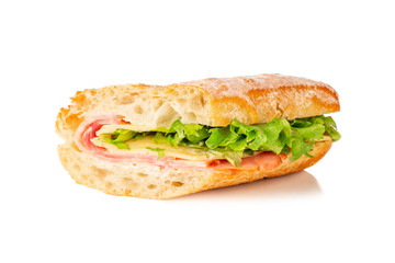 cheese and ham sandwich on white background