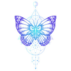 Vector illustration with hand drawn butterfly and Sacred geometric symbol on white background. Abstract mystic sign.