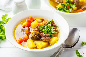 Traditional eintopf soup with meat, beans and vegetables in a white plate, white background.