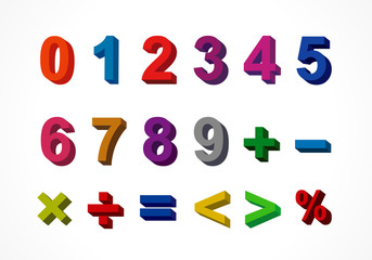3D colorful letter 0, 1, 2, 3, 4, 5, 6, 7, 8, 9 numeral alphabet. Vector isolated colored number one to nine letters