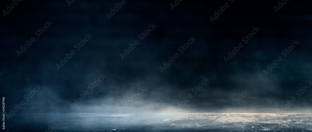 Sticker background of an empty room with smoke and neon light. dark abstract background