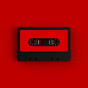 Close up of vintage audio tape cassette illustration on red background, Top view with copy space, 3d rendering