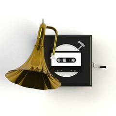 Close up of vintage audio tape cassette with gramophone concept illustration on white background, Top view with copy space, 3d rendering
