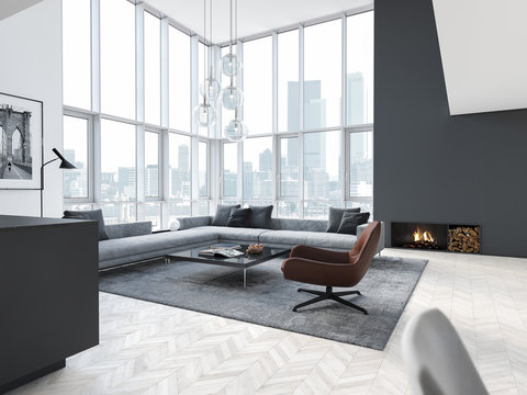 new modern scandinavian loft apartment. 3d rendering