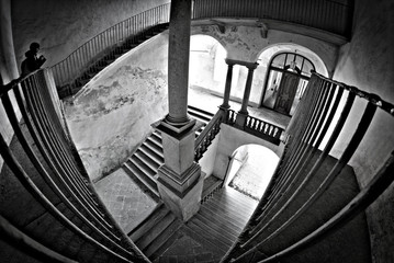 stairway in black and white stone; taken with fish eye lens in oropa (italy) in December 2018