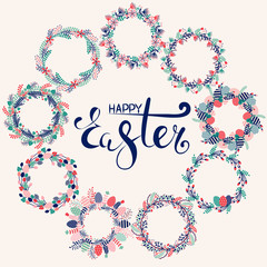Happy Easter greeting card with spring holiday wreath decorated with colored eggs, festive flowers and natural botanical elements. Festive congratulation postcard with text.