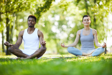 Naklejka na ściany i meble Calm spiritual young multi-ethnic couple in tshirts sitting with crossed legs and keeping hands in mudra while doing yoga in park