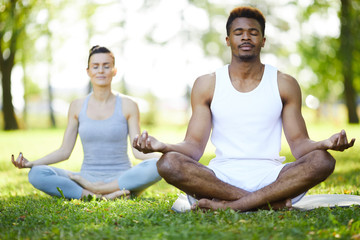 Calm concentrated young multi-ethnic yoga students sitting with crossed legs on grass and touching fingers in mudra while meditating in summer park - obrazy, fototapety, plakaty