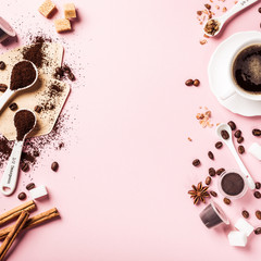 Food background with assorted coffee, coffee beans, ground and capsules, copy space, top view.