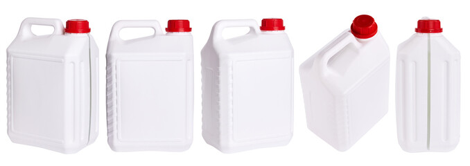 Set of white plastic canisters isolated in different positions