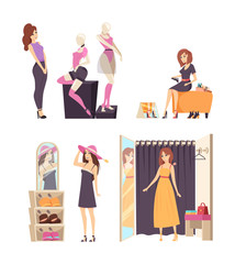 Female Shopaholic Wearing Dress in Store Vector
