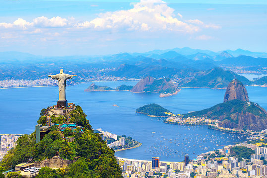 Aerial view of Rio de Janeiro with Christ Redeemer and Corcovado Mountain. Brazil. Latin America, horizontal