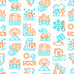 Disasters seamless pattern with thin line icons: earthquake, tsunami, tornado, hurricane, flood, landslide, drought, snowfall, eruption, thunderstorm, avalanche, meteorite. Vector illustration.