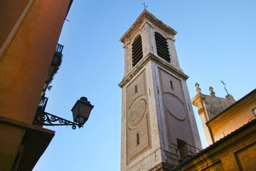 Fototapeta na wymiar Church steeple in the back streets of Nice, Provence-Alpes-Côte d'Azur, France.