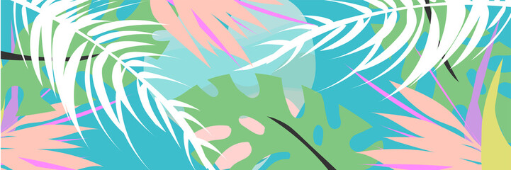 Tropical collage pattern banner in hawaiian style with abstract exotic floral decoration elements. Colorful summer background made in vector © Anna Sokol