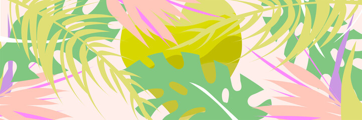 Tropical collage pattern banner in hawaiian style with abstract exotic floral decoration elements. Colorful summer background made in vector