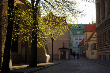 Evening ray of sun on the old street of Riga.Latvia.