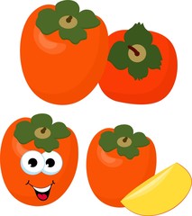 Persimmon with leaves whole and slices of persimmons. Raster illustration of persimmon. Funny cartoon character. Illustration for decorative poster, emblem natural product, farmers market.