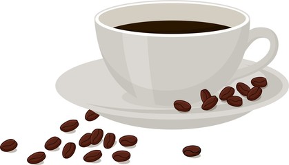 Coffee with coffee beans in a white cup on white background. Raster illustration isolated on white background