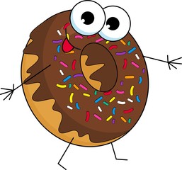 Funny donut character with chocolate glazing, cartoon style Raster illustration isolated on white background. Cute smiley donut character with eyes, hands and legs