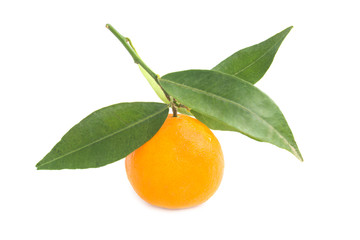 Orange mandarin with green leaf isolated on white background