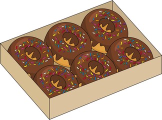 Donuts inside the box isolated on white background. Raster illustration.
