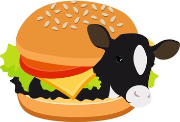 Cow burger of beef burger. Cow inside a hamburger. Concept of vegetarianism, veganism. Raster illustration isolated on white background