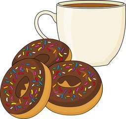 A chocolate frosted donut or doughnut and a hot cup of fresh coffee or tea. Raster illustration isolated on white background