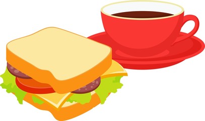 Sandwich with a red cup of hot tea. Raster Illustration