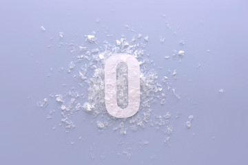 0 number zero, graphic white digit and creative typography with snow, happy birthday