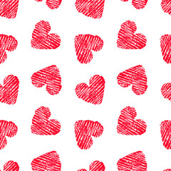 Hand drawn seamless red heart pattern. Valentines day vector background.