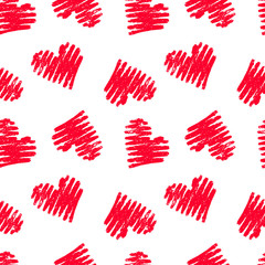 Hand drawn seamless red heart pattern. Valentines day vector background.