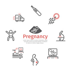 Pregnancy banner. Line icons set. Infographics. Vector signs for web graphics.