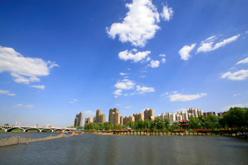 Obraz premium Building and islands beside the river, luannan county, hebei province, China