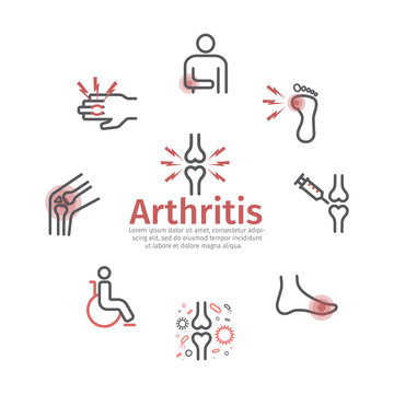 Arthritis banner. Symptoms, Treatment. Line icons set. Vector signs for web graphics.