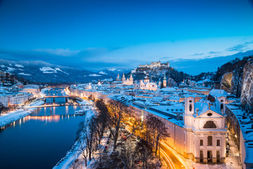Salzburg old town in winter at twilight, Austria