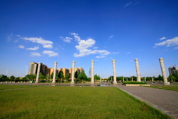 Huge square and totem poles in a park, luannan county, hebei province, China