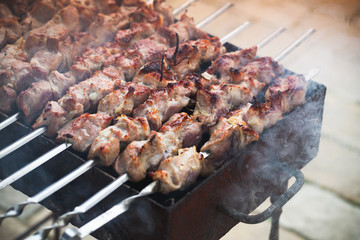 Cooking of pork shashlik on coals