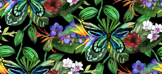 Tropical seamless pattern with banana leaves, orchid, hibiscus, tropical butterfly. Hand drawn watercolor illustration