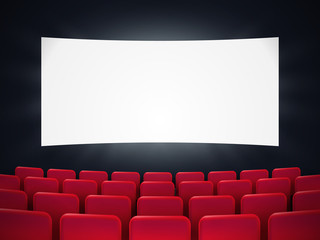 Cinema screen with red seats. 