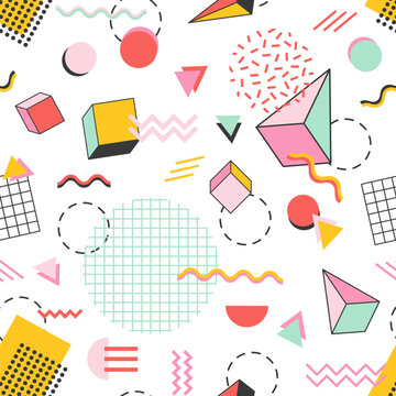 Seamless pattern with pyramids, cubes, circles, other geometric shapes and zigzag lines on white background
