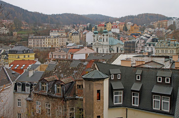 panoramic aerial view of town Karlovy Vary