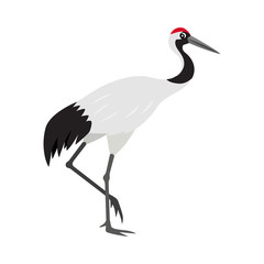 Naklejka premium Friendly cute red-crowned or Japanese crane icon, colorful wild bird, vector illustration isolated on white background
