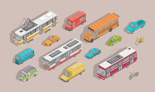 Bundle of isometric motor vehicles isolated on light background - car, scooter, bus, tram, trolleybus, minivan, bicycle, pickup truck, trailer. Set of city transportation. Vector illustration.
