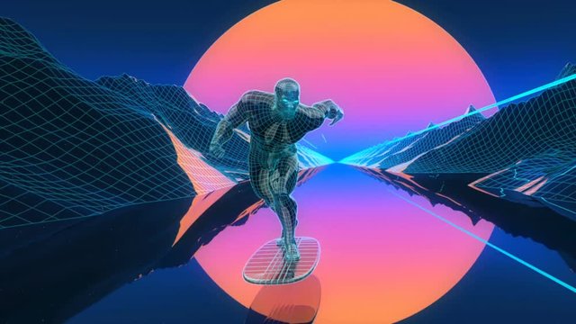 Silver Surfe. Night digital landscape, sun, mountains and color rays, retro wave background. Loop.