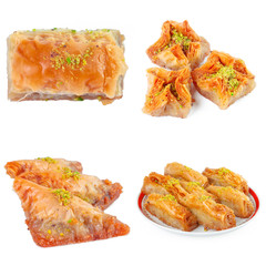 Tasty turkish sweets collage isolated on white