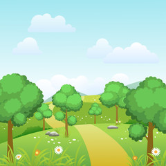 Spring landscape background with trees and green meadow on sunny day. Vector illustration