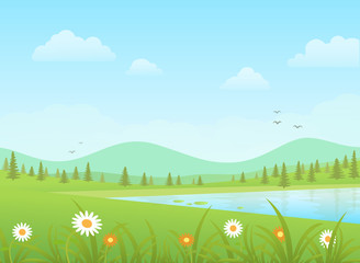 Fototapeta na wymiar Green grass with flowers and blue lake on a mountains background. Nature vector landscape.