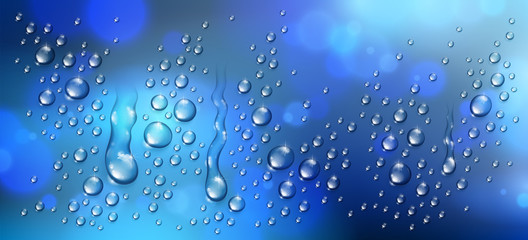 Water rain drops or condensation over blurred night city background beyond the window, realistic transparent 3d vector illustration, easy to put over any background.